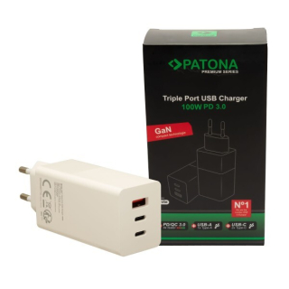 Patona Alimentatore Premium GaN PD100W 2xUsb-C 1xUsb-A PD3.0 QC3.0 White